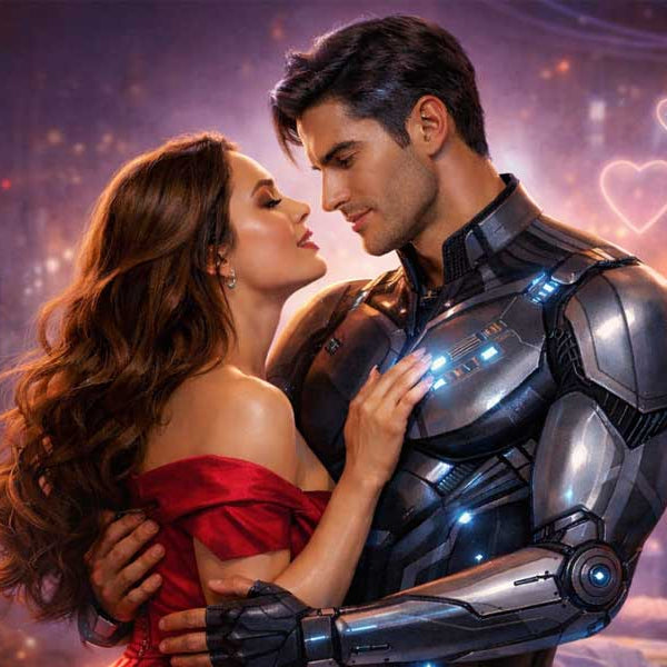 A woman in a red off-the-shoulder dress embraces a tall, dark-haired humanoid robot