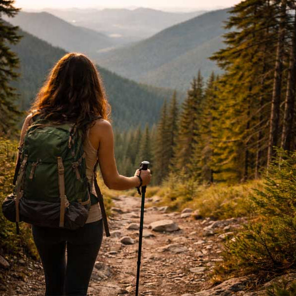 Brunette woman hiking alone on a forest trail with a trekking pole, seen from behind as she looks out over a vast mountain wilderness.