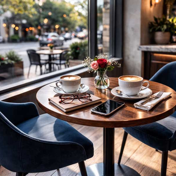 Cafe with romantic feel with coffee cups on table