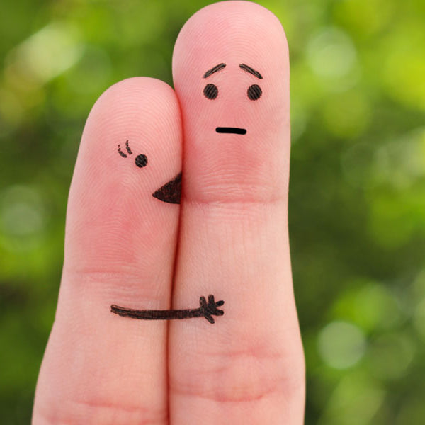 finger puppets, woman hugging, male looking emotionally unavailable