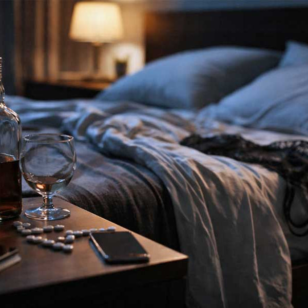 messy bed with empty bottle of wine